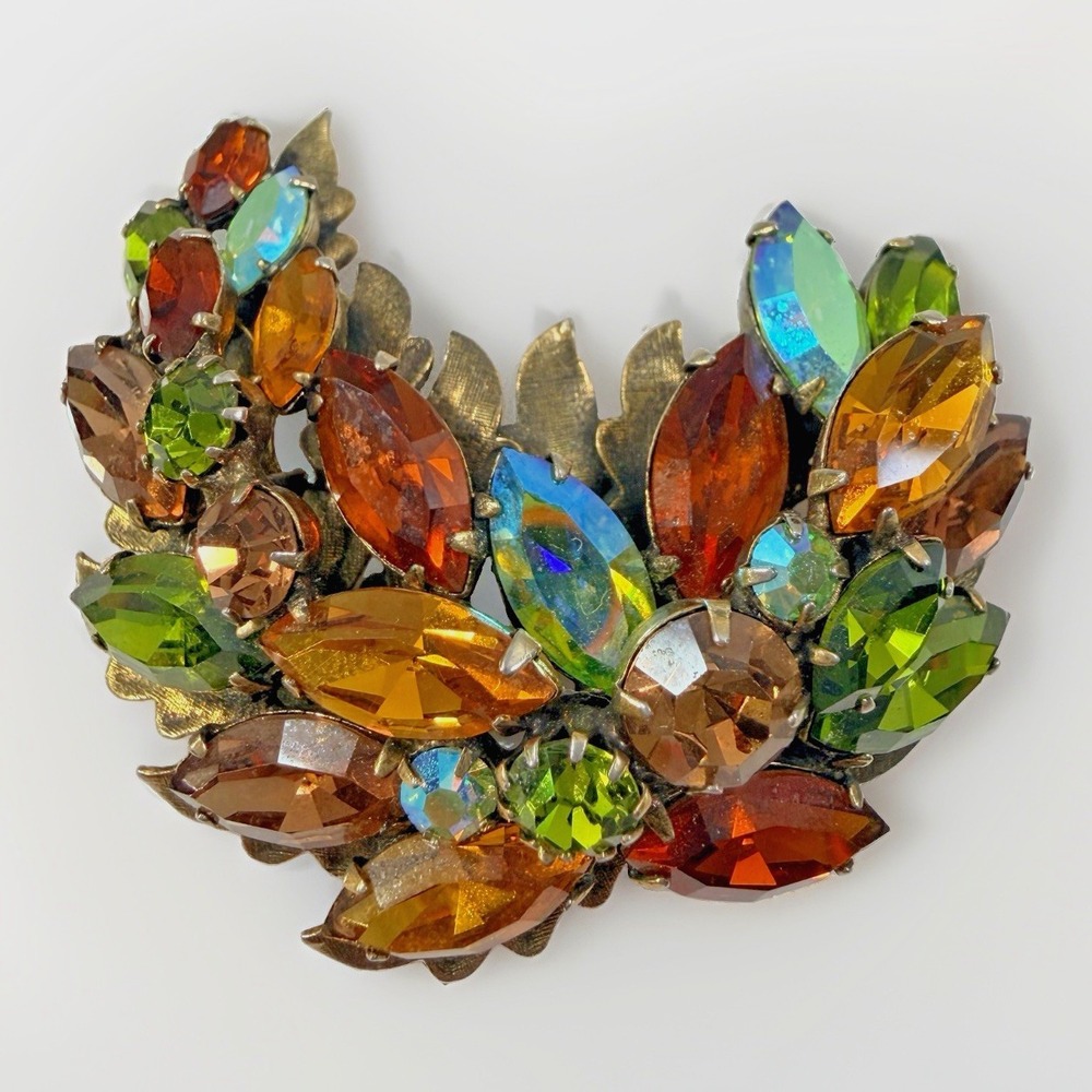 Vintage REGENCY Brooch Fall Autumn Rhinestones Leaf Green Orange Brown AB 2"